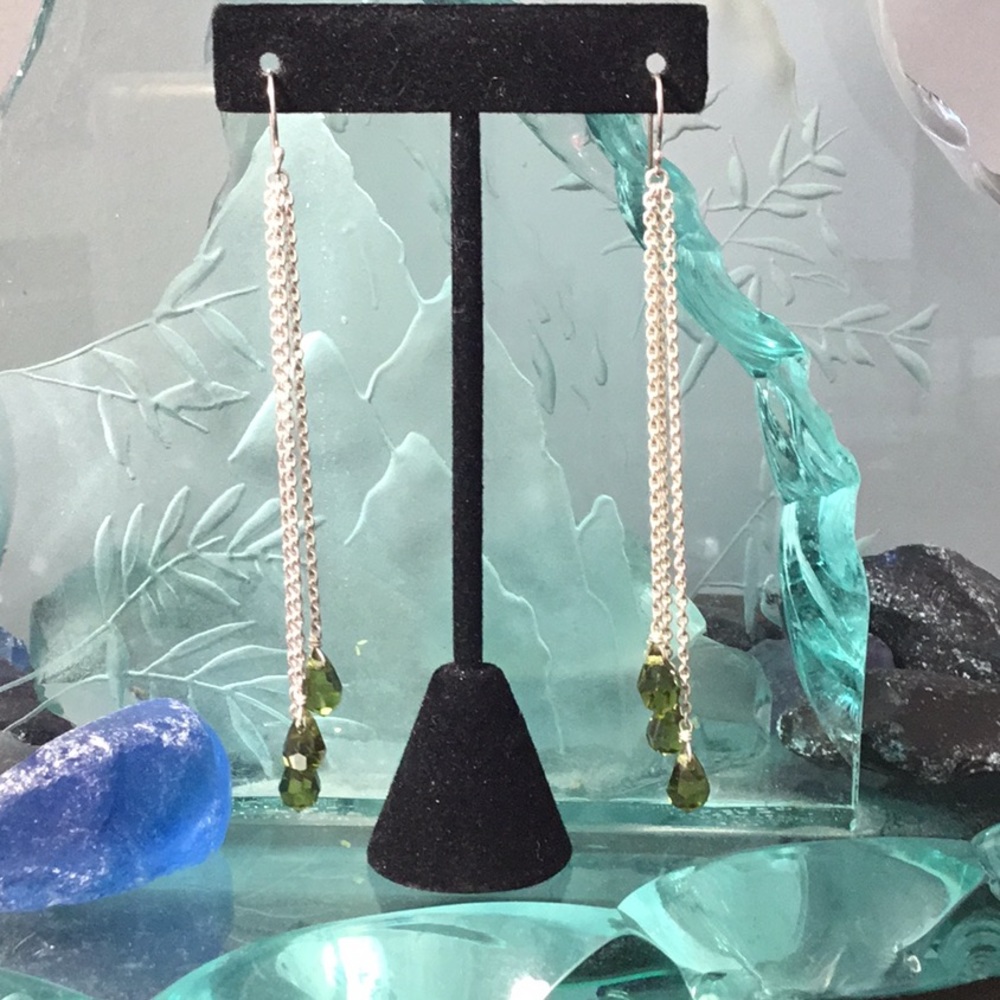 Super long silver earrings with green crystals
